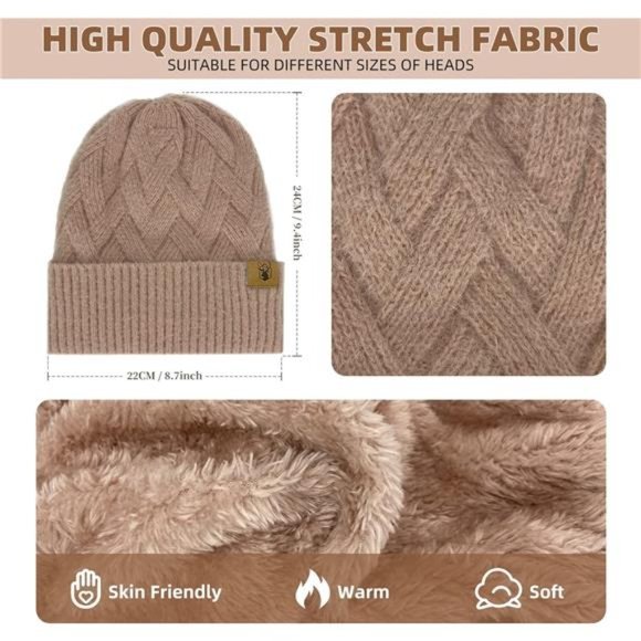 Women\'s Winter Knit Hat Beanie Scarf with Touch Screen Gloves Set, Khaki